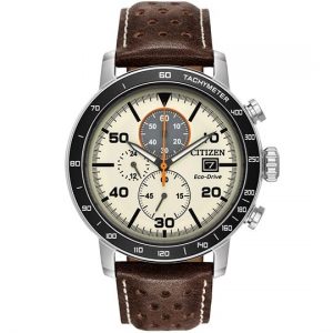 Citizen Brycen Chronograph Light Brown CA0649-06X reloj formal casual de cuero genuino cafe para hombre